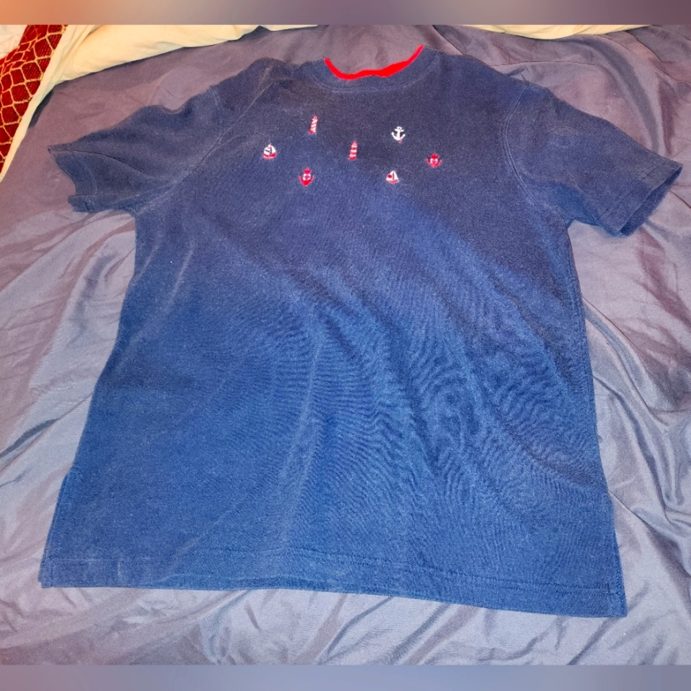 Female S navy blue nautical short-sleeve T-shirt by Bon Worth